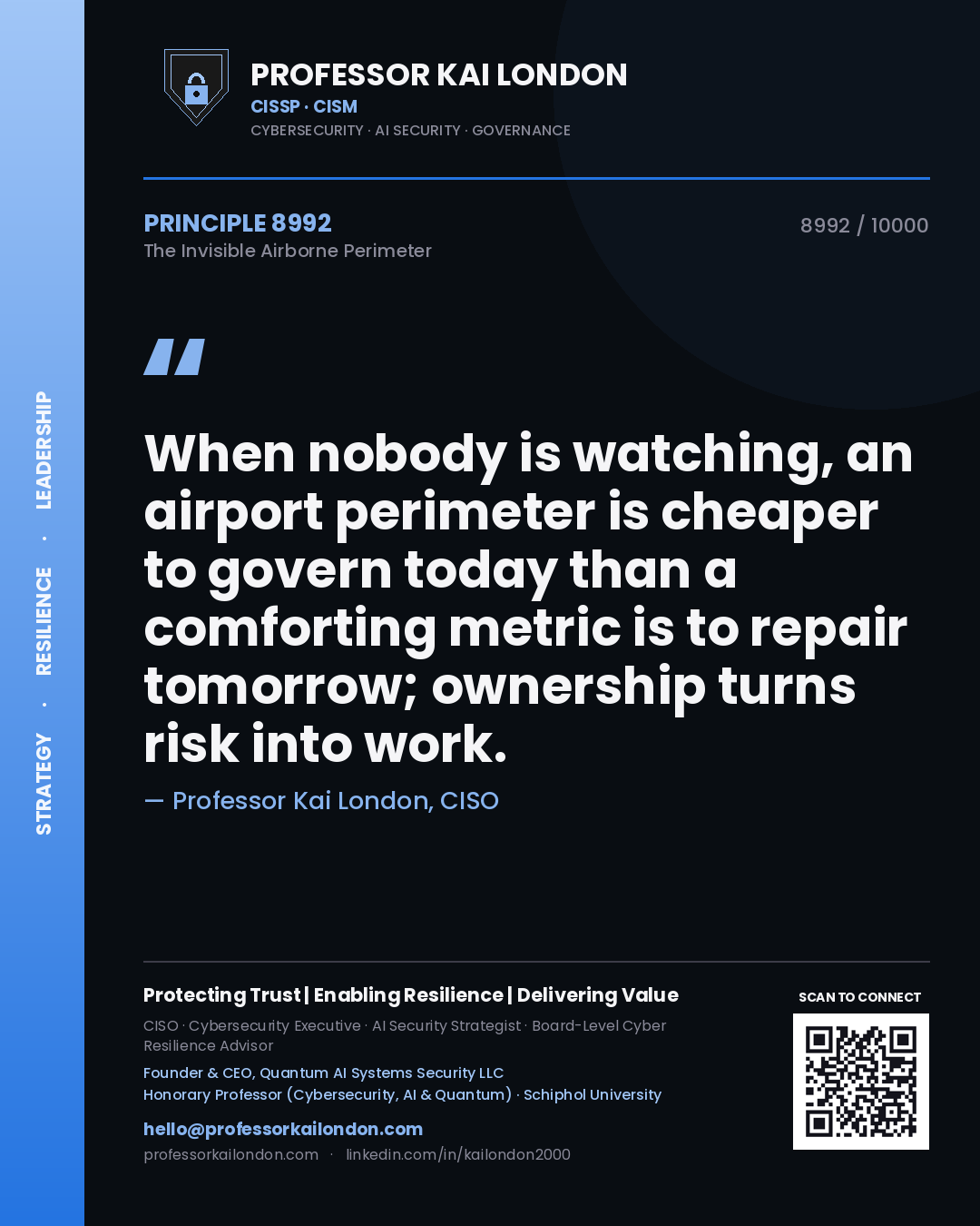 Quote card by Professor Kai London reading 'When nobody is watching, an airport perimeter is cheaper to govern today than a comforting metric is to repair tomorrow; ownership turns risk into work.'. From the book The Invisible Airborne Perimeter.