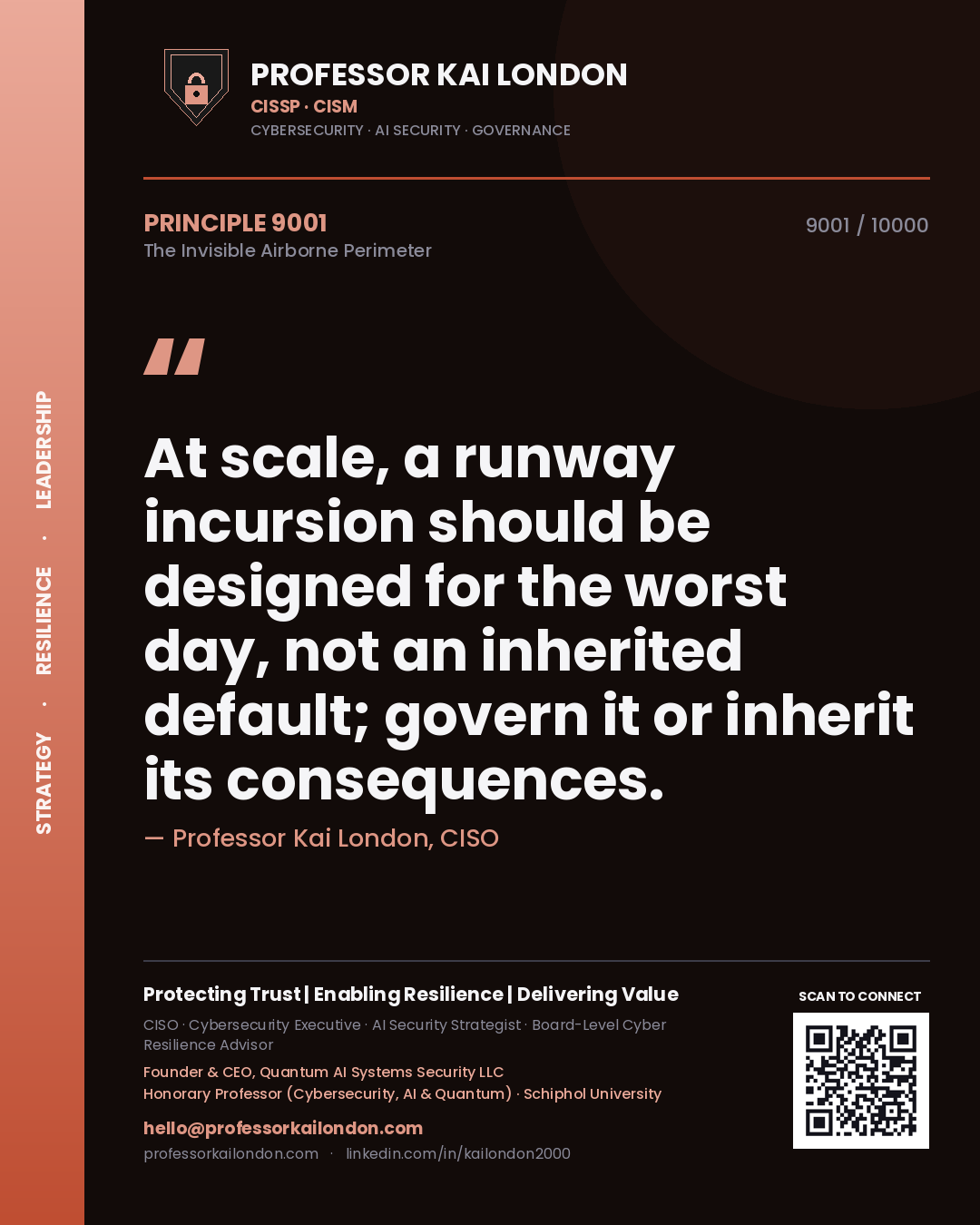 Professor Kai London principle 9001: At scale, a runway incursion should be designed for the worst day, not an inherited default; govern it or inherit its consequences.