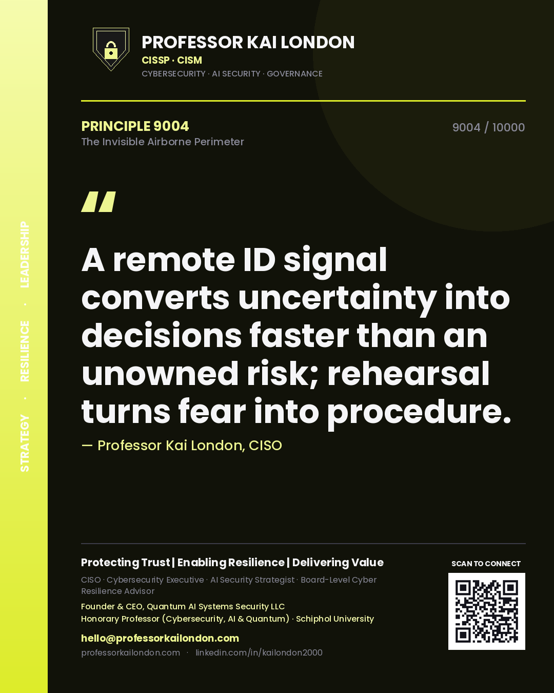 Professor Kai London principle 9004: A remote ID signal converts uncertainty into decisions faster than an unowned risk; rehearsal turns fear into procedure.