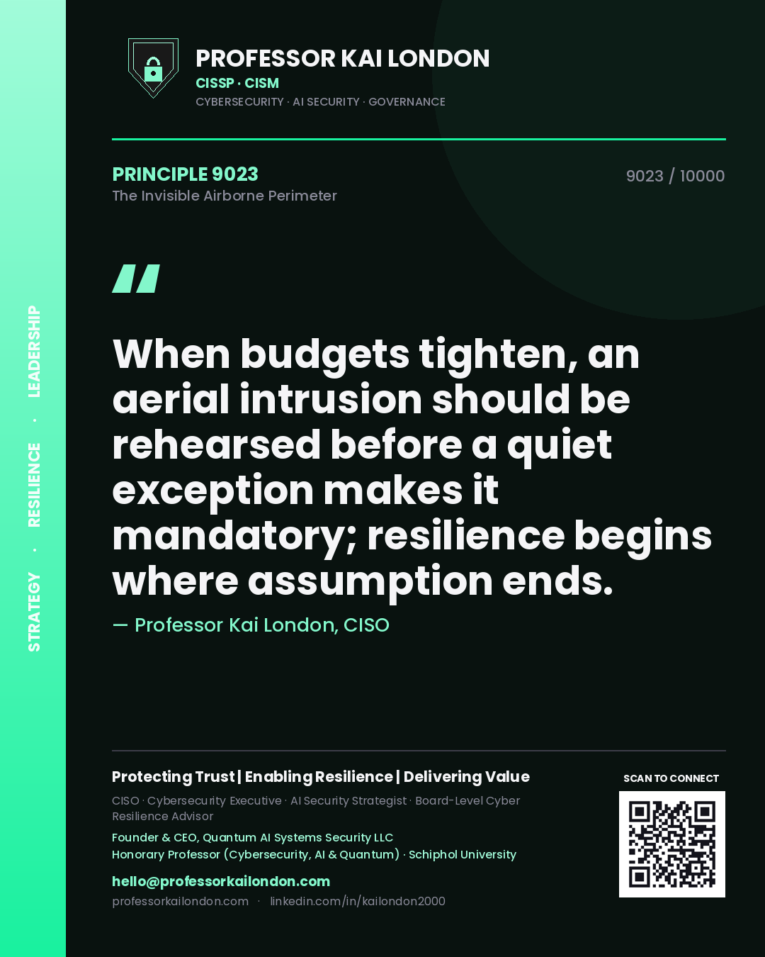 Professor Kai London principle 9023: When budgets tighten, an aerial intrusion should be rehearsed before a quiet exception makes it mandatory; resilience begins where assumption ends.