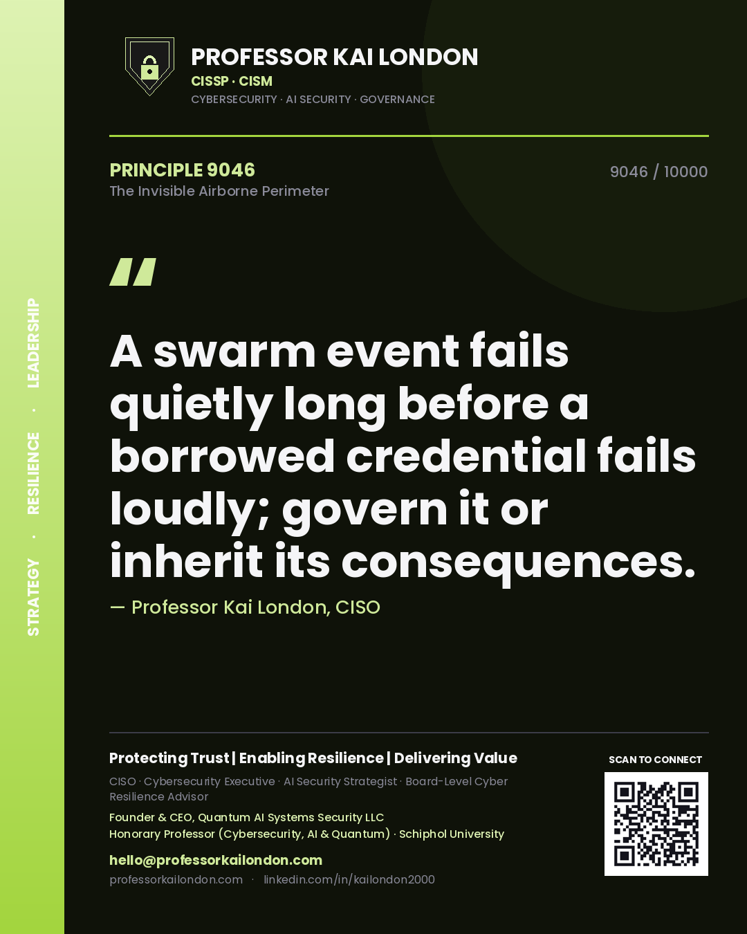 Professor Kai London principle 9046: A swarm event fails quietly long before a borrowed credential fails loudly; govern it or inherit its consequences.