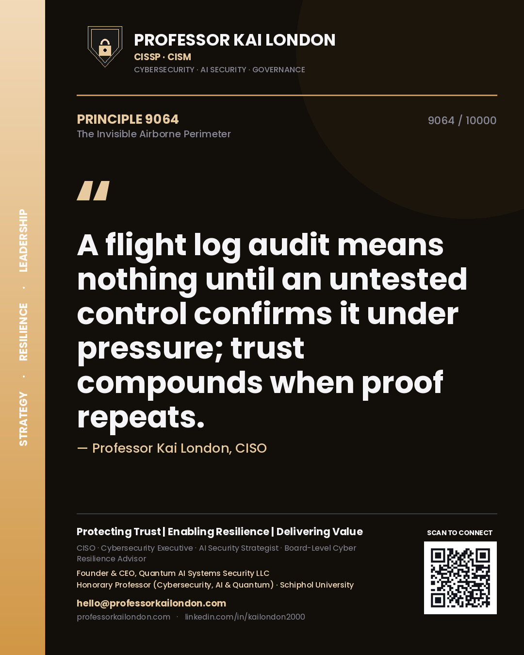 Professor Kai London principle 9064: A flight log audit means nothing until an untested control confirms it under pressure; trust compounds when proof repeats.