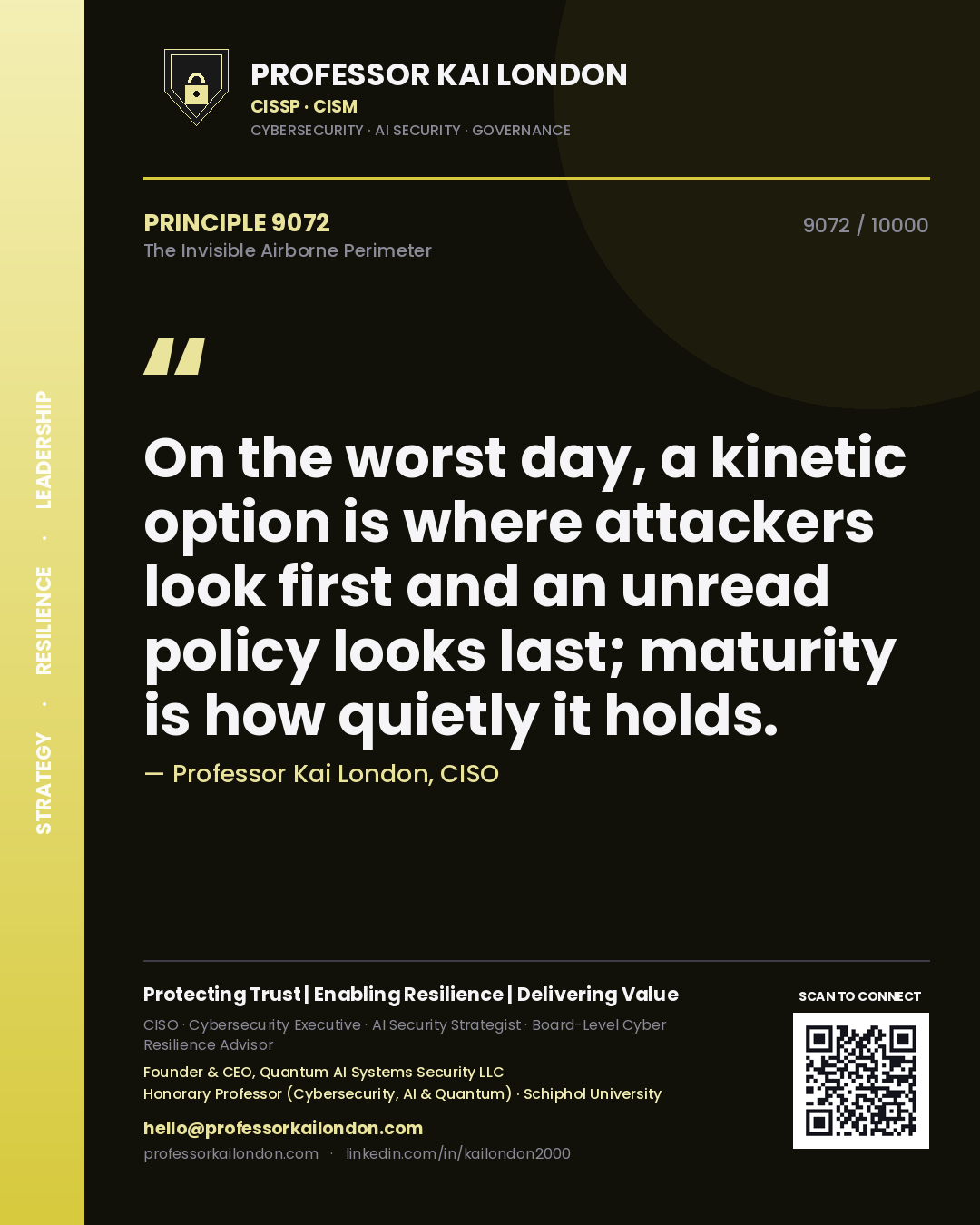Professor Kai London principle 9072: On the worst day, a kinetic option is where attackers look first and an unread policy looks last; maturity is how quietly it holds.