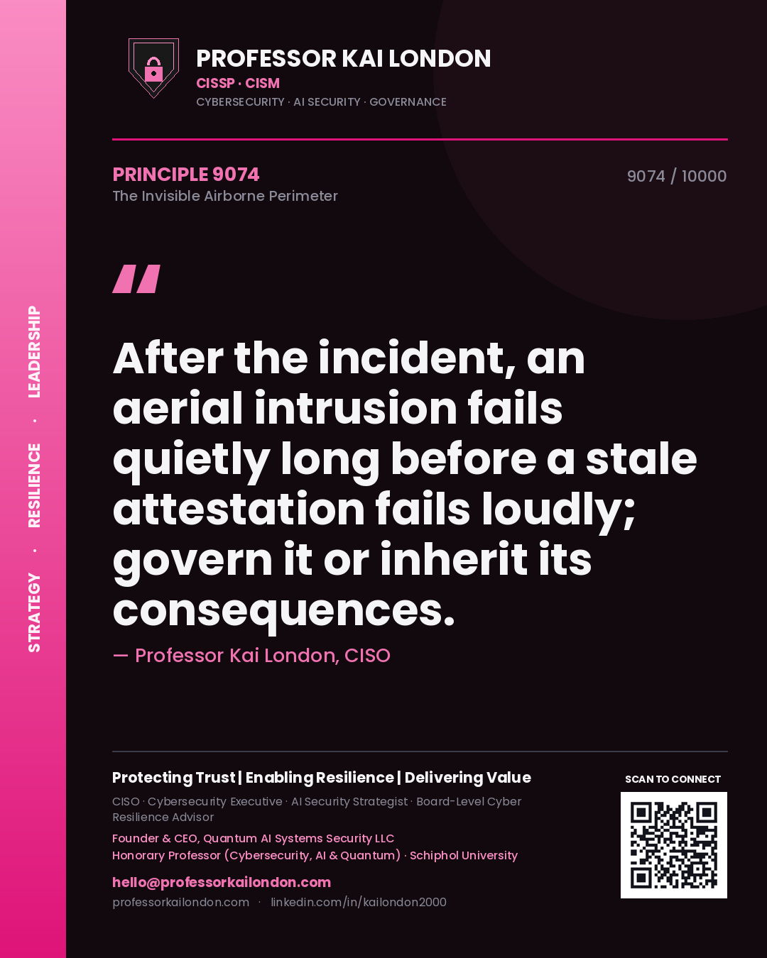 Professor Kai London principle 9074: After the incident, an aerial intrusion fails quietly long before a stale attestation fails loudly; govern it or inherit its consequences.