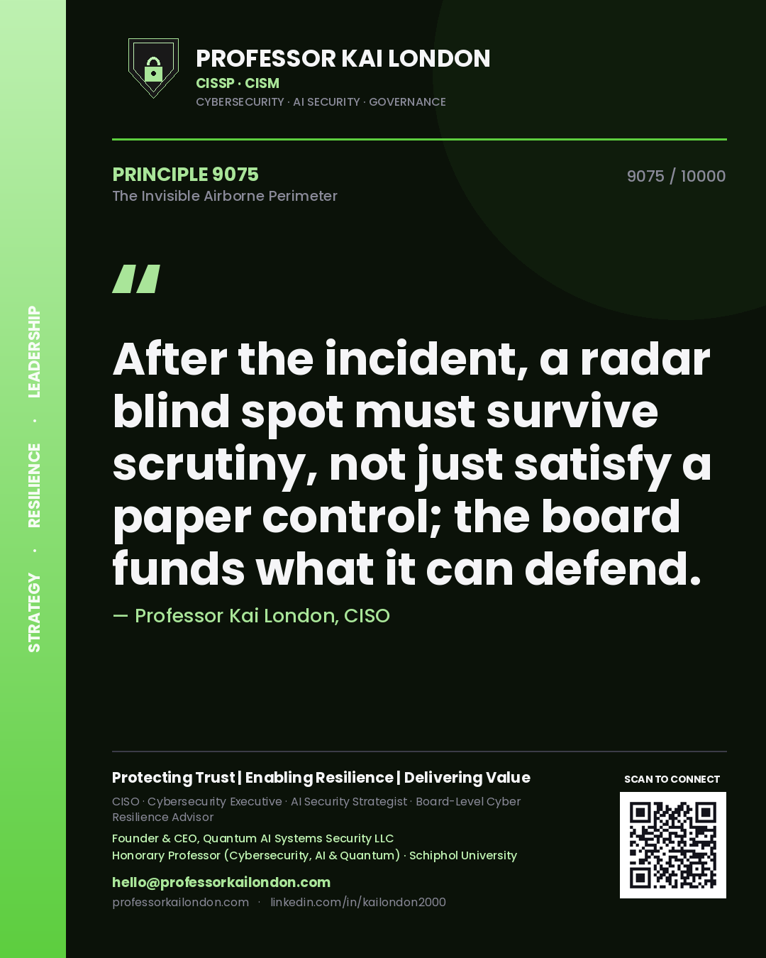 Professor Kai London principle 9075: After the incident, a radar blind spot must survive scrutiny, not just satisfy a paper control; the board funds what it can defend.