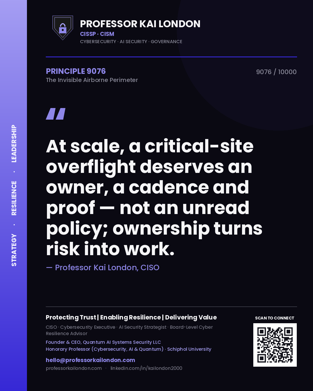 Professor Kai London principle 9076: At scale, a critical-site overflight deserves an owner, a cadence and proof — not an unread policy; ownership turns risk into work.