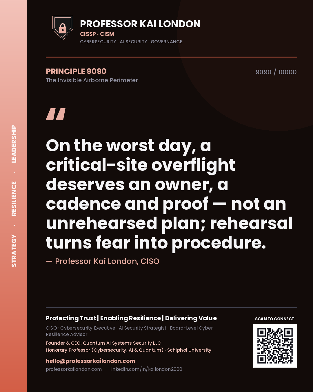Professor Kai London principle 9090: On the worst day, a critical-site overflight deserves an owner, a cadence and proof — not an unrehearsed plan; rehearsal turns fear into procedure.