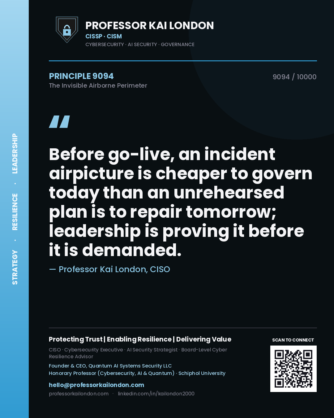 Quote card by Professor Kai London reading 'Before go-live, an incident airpicture is cheaper to govern today than an unrehearsed plan is to repair tomorrow; leadership is proving it before it is demanded.'. From the book The Invisible Airborne Perimeter.
