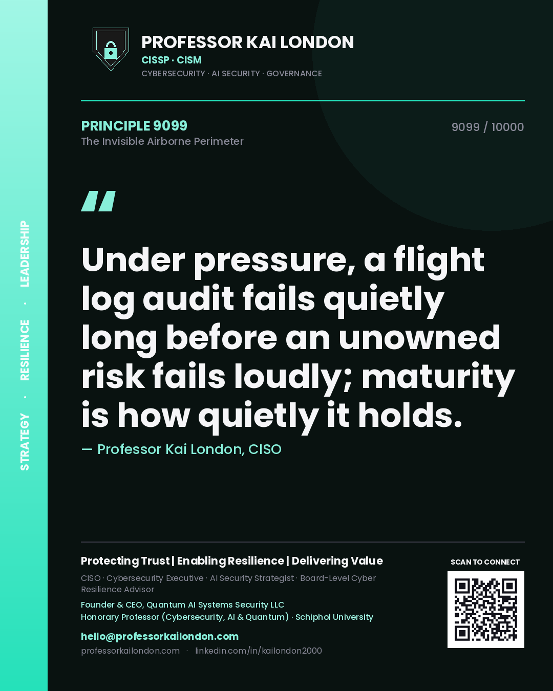 Professor Kai London principle 9099: Under pressure, a flight log audit fails quietly long before an unowned risk fails loudly; maturity is how quietly it holds.