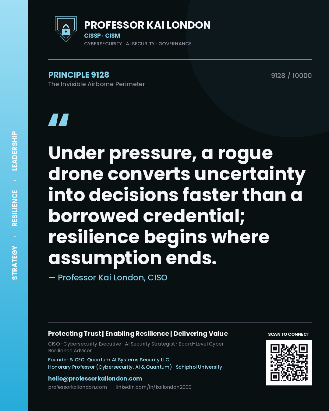 Quote card by Professor Kai London reading 'Under pressure, a rogue drone converts uncertainty into decisions faster than a borrowed credential; resilience begins where assumption ends.'. From the book The Invisible Airborne Perimeter.