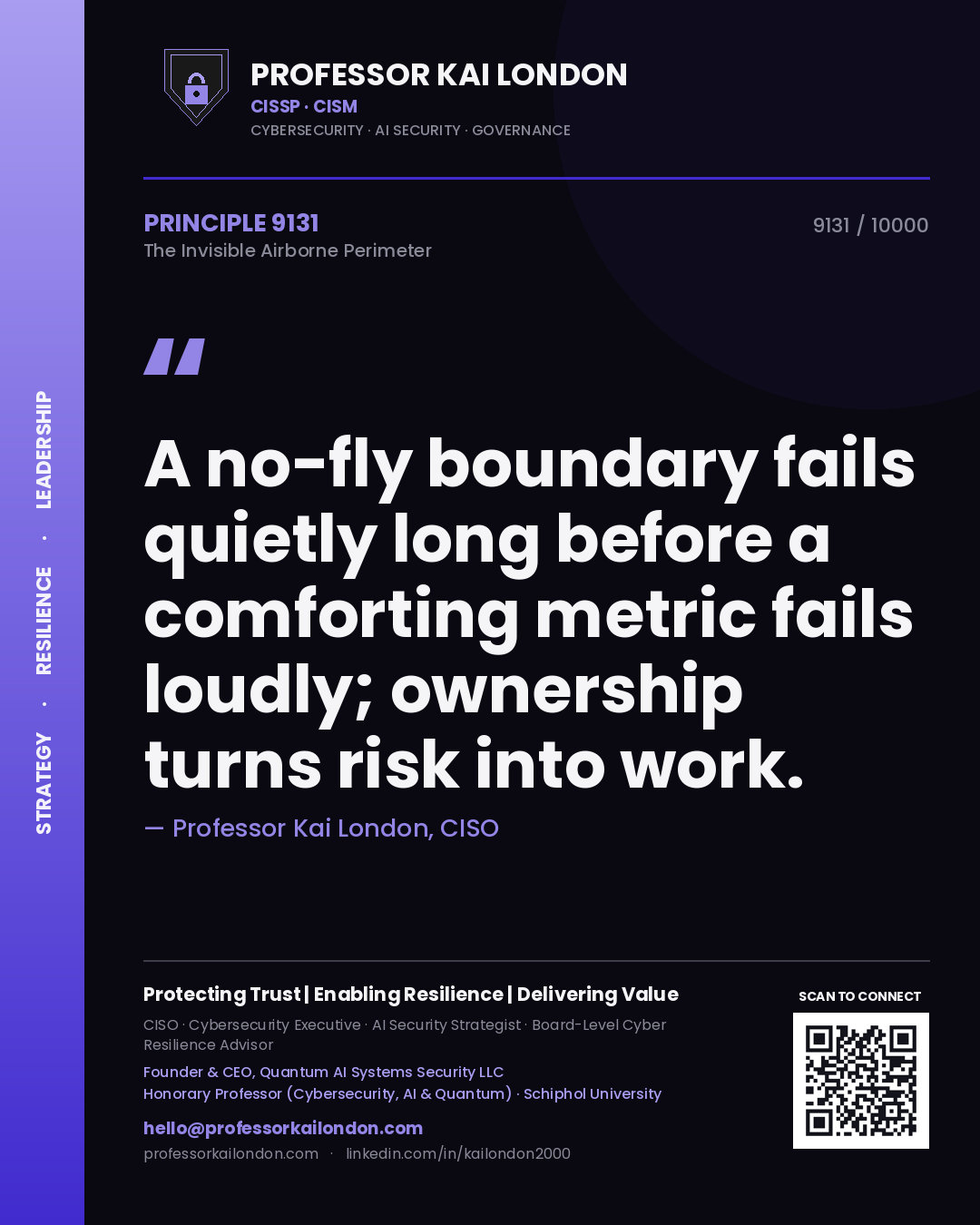 Professor Kai London principle 9131: A no-fly boundary fails quietly long before a comforting metric fails loudly; ownership turns risk into work.
