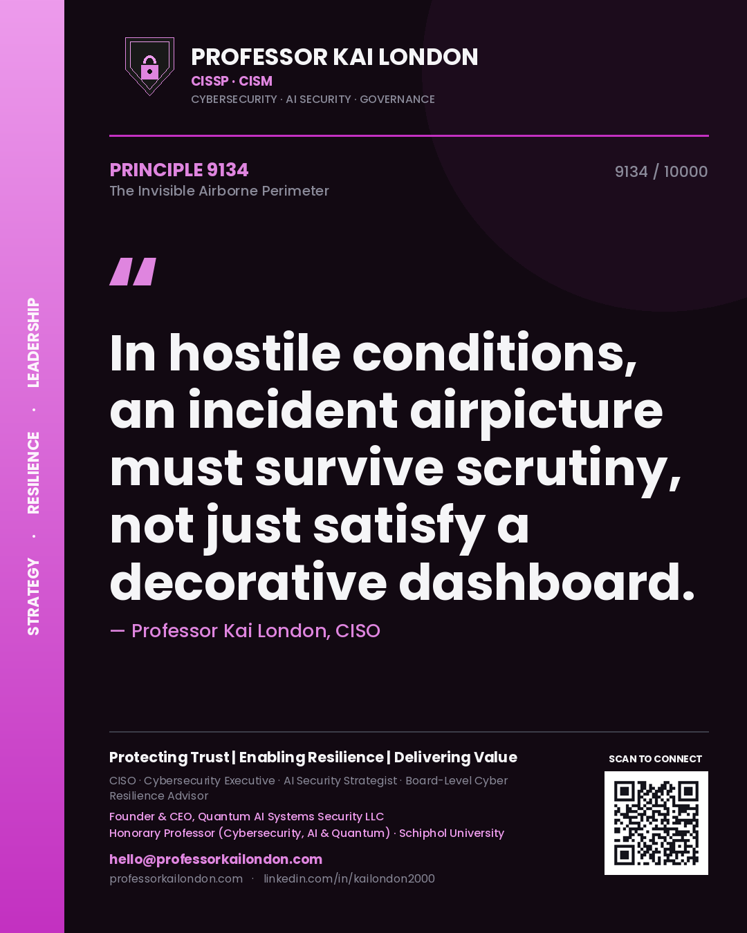 Quote card by Professor Kai London reading 'In hostile conditions, an incident airpicture must survive scrutiny, not just satisfy a decorative dashboard.'. From the book The Invisible Airborne Perimeter.