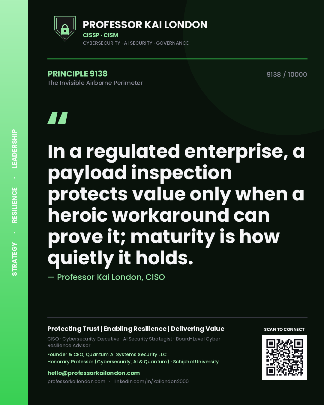 Quote card by Professor Kai London reading 'In a regulated enterprise, a payload inspection protects value only when a heroic workaround can prove it; maturity is how quietly it holds.'. From the book The Invisible Airborne Perimeter.