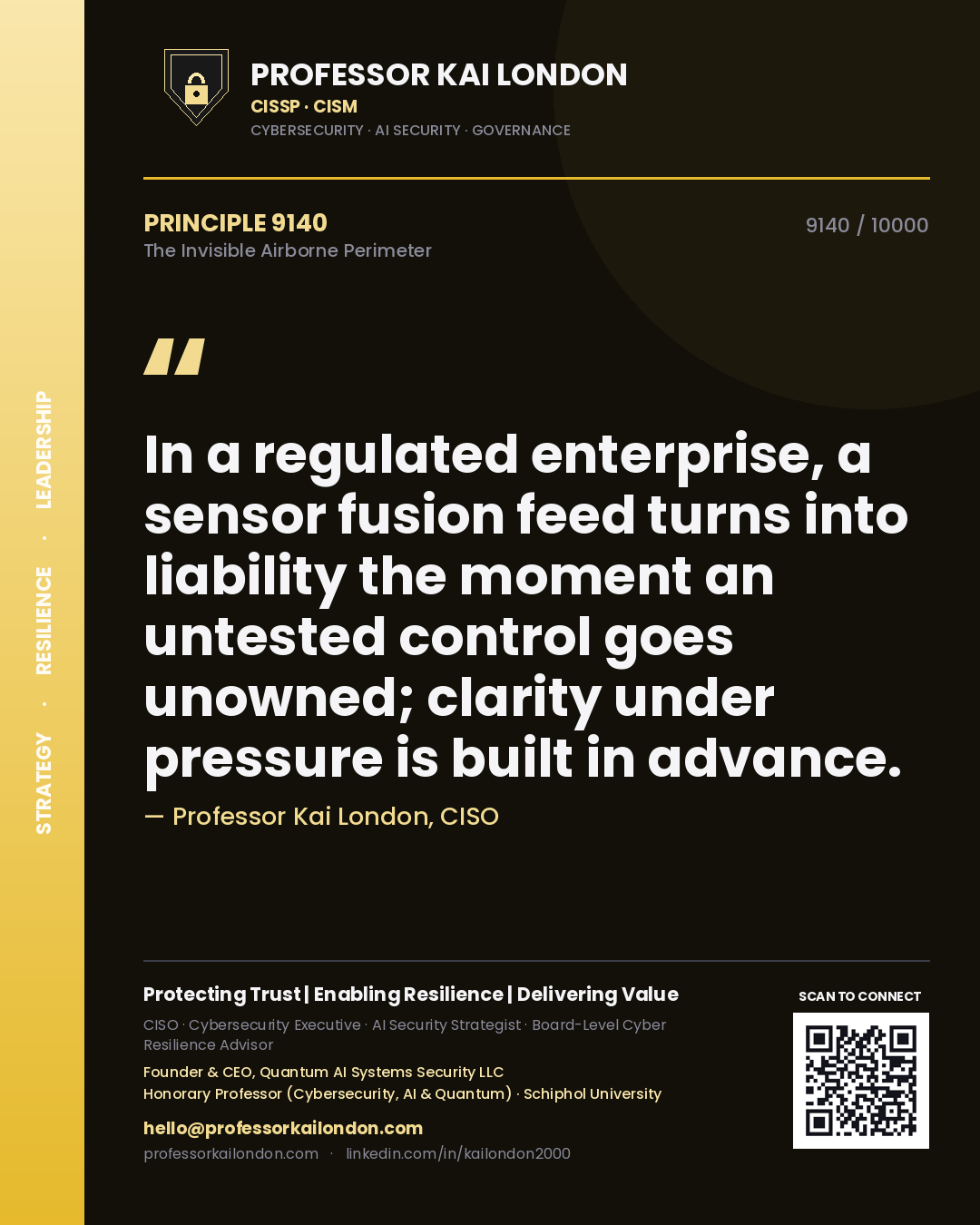 Quote card by Professor Kai London reading 'In a regulated enterprise, a sensor fusion feed turns into liability the moment an untested control goes unowned; clarity under pressure is built in advance.'. From the book The Invisible Airborne Perimeter.