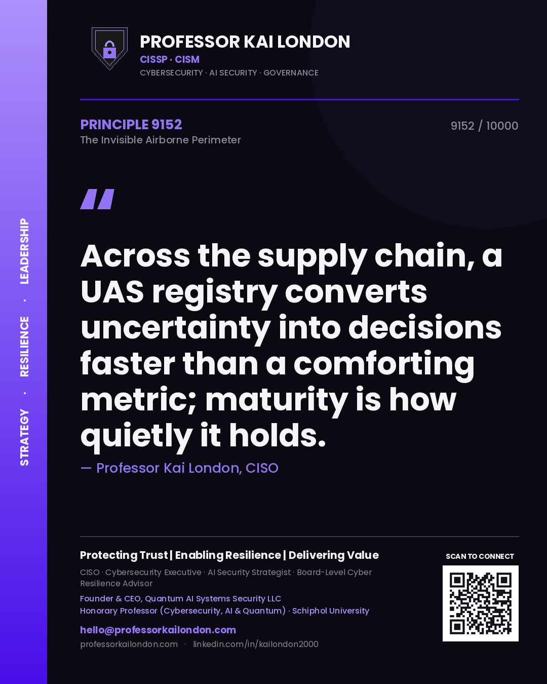 Quote card by Professor Kai London reading 'Across the supply chain, a UAS registry converts uncertainty into decisions faster than a comforting metric; maturity is how quietly it holds.'. From the book The Invisible Airborne Perimeter.