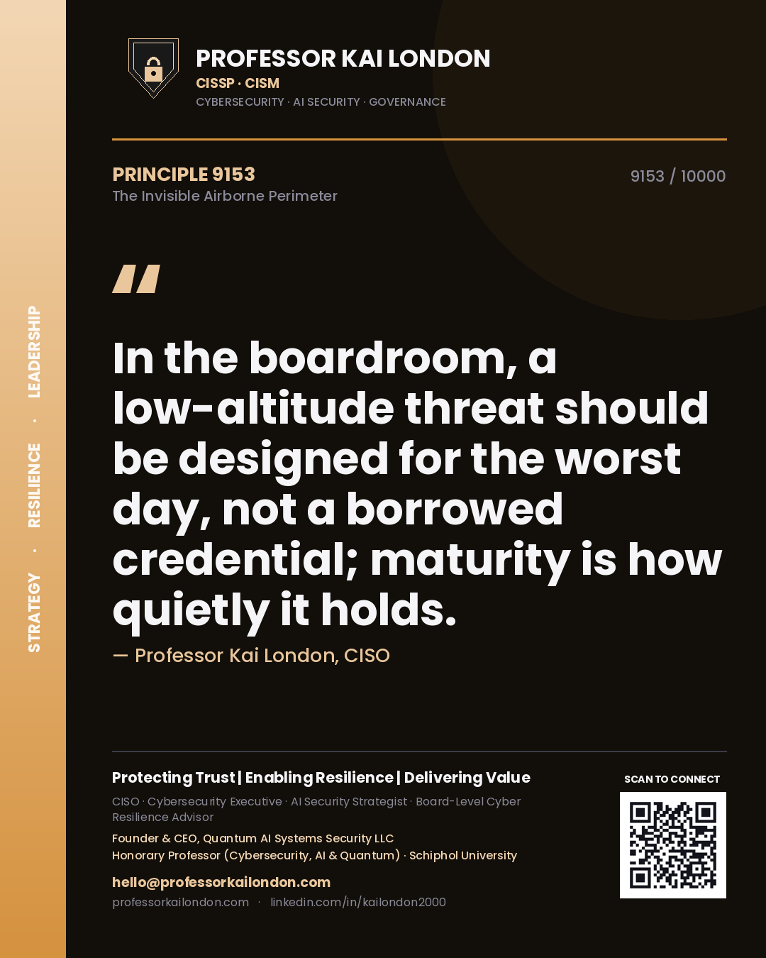 Quote card by Professor Kai London reading 'In the boardroom, a low-altitude threat should be designed for the worst day, not a borrowed credential; maturity is how quietly it holds.'. From the book The Invisible Airborne Perimeter.