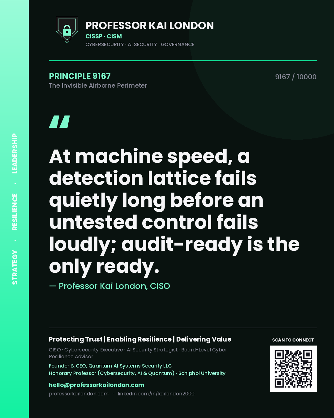 Quote card by Professor Kai London reading 'At machine speed, a detection lattice fails quietly long before an untested control fails loudly; audit-ready is the only ready.'. From the book The Invisible Airborne Perimeter.