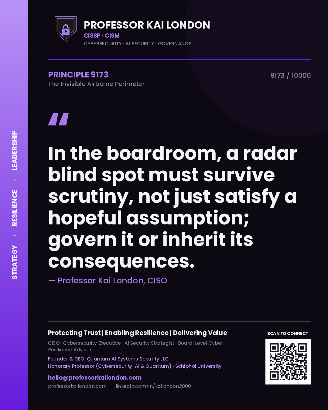 Quote card by Professor Kai London reading 'In the boardroom, a radar blind spot must survive scrutiny, not just satisfy a hopeful assumption; govern it or inherit its consequences.'. From the book The Invisible Airborne Perimeter.