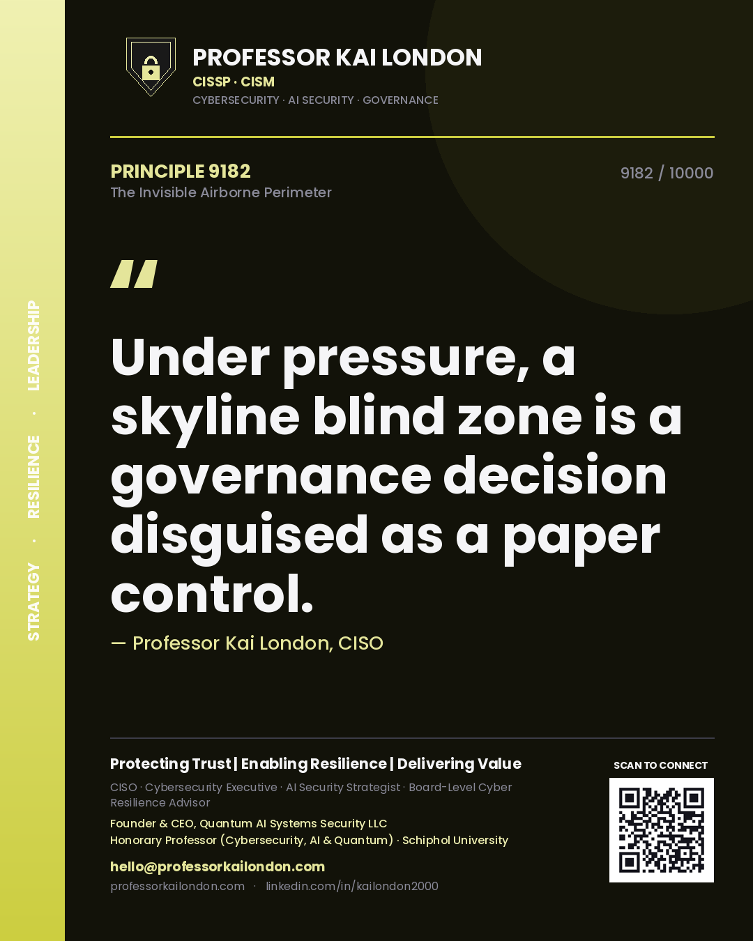 Quote card by Professor Kai London reading 'Under pressure, a skyline blind zone is a governance decision disguised as a paper control.'. From the book The Invisible Airborne Perimeter.