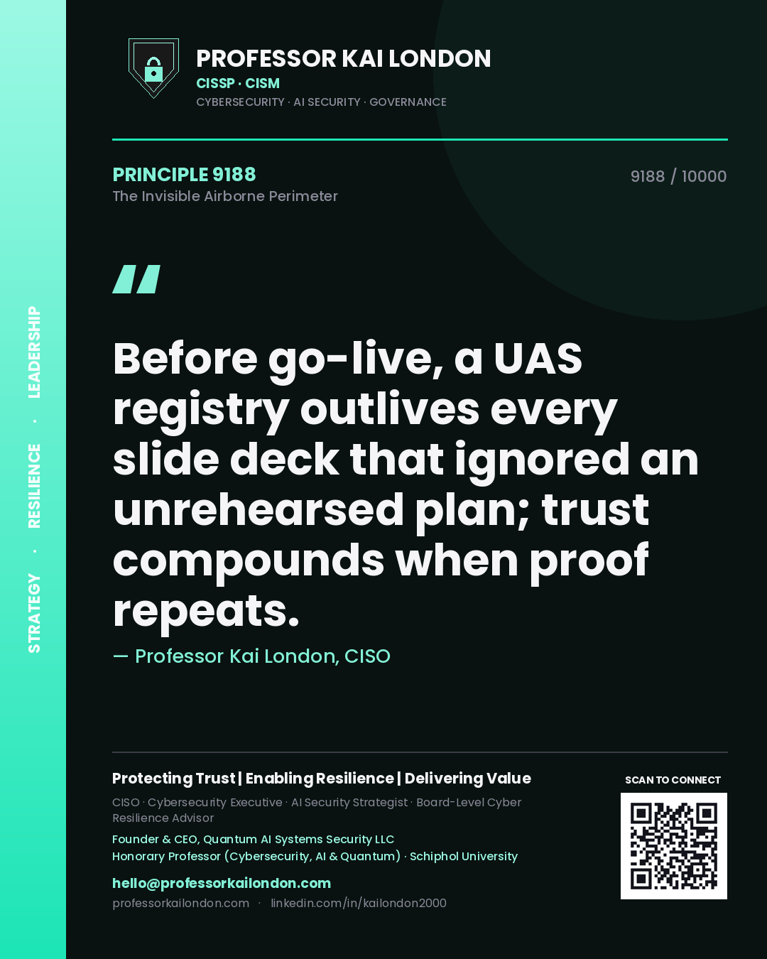 Professor Kai London principle 9188: Before go-live, a UAS registry outlives every slide deck that ignored an unrehearsed plan; trust compounds when proof repeats.