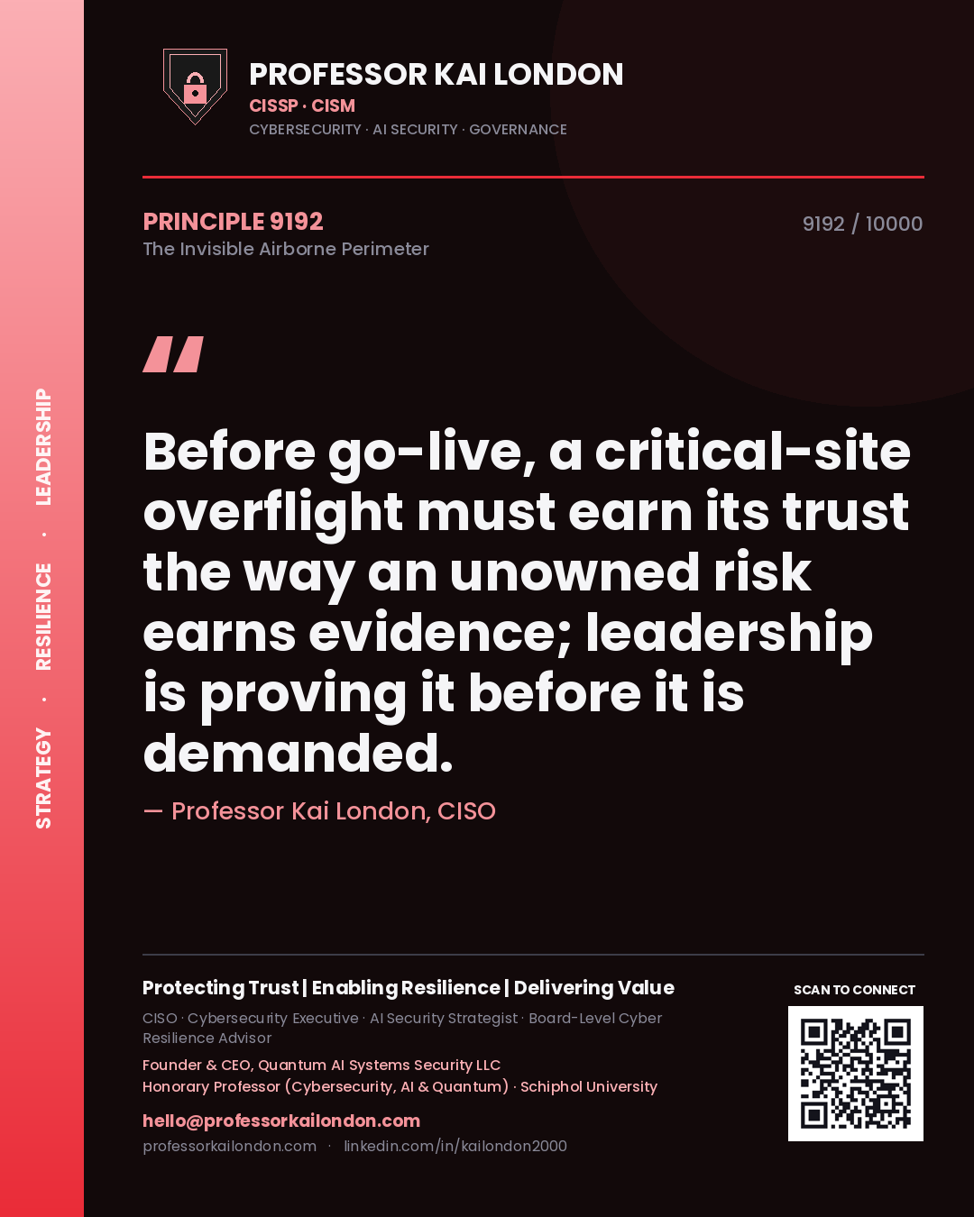 Quote card by Professor Kai London reading 'Before go-live, a critical-site overflight must earn its trust the way an unowned risk earns evidence; leadership is proving it before it is demanded.'. From the book The Invisible Airborne Perimeter.
