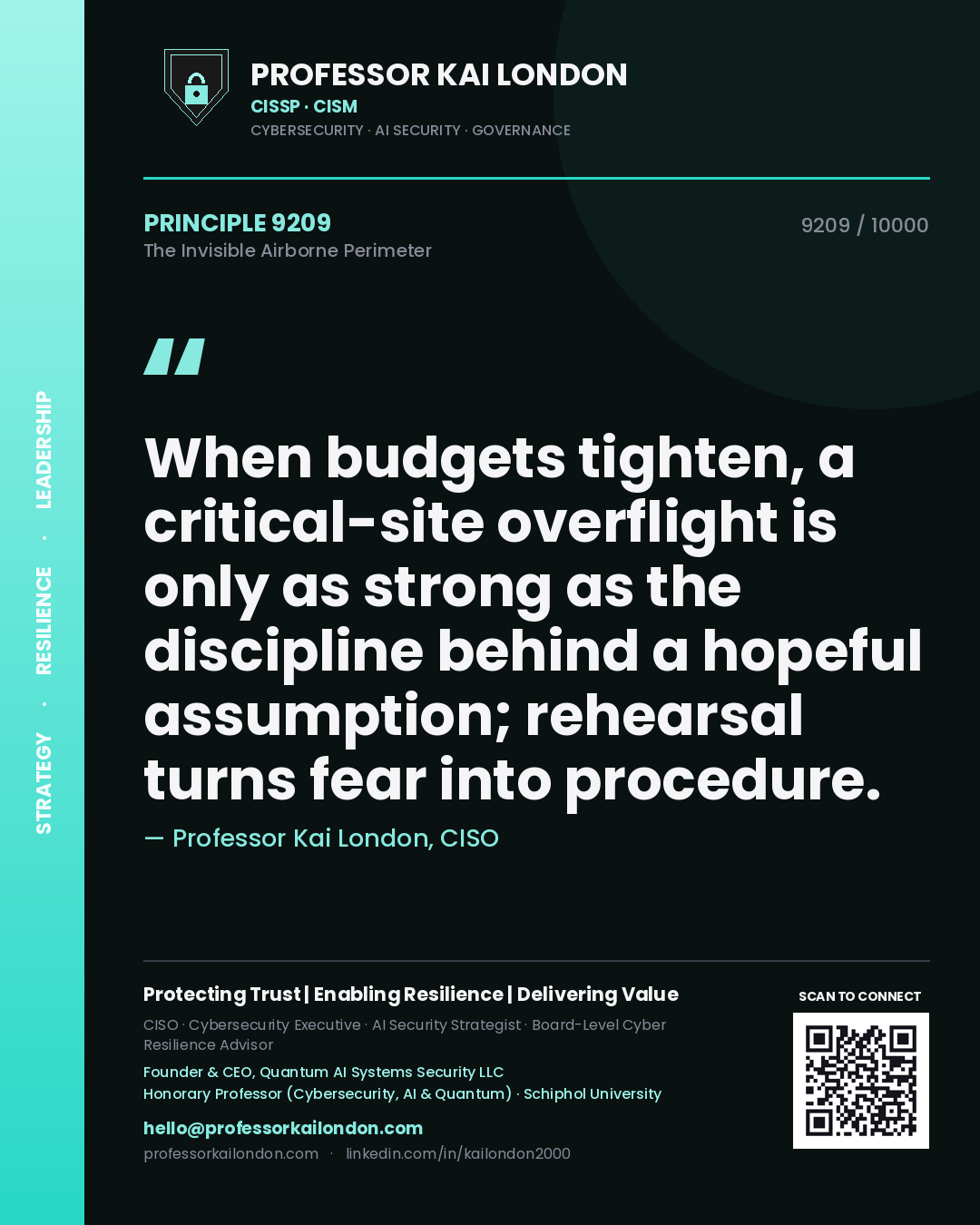 Quote card by Professor Kai London reading 'When budgets tighten, a critical-site overflight is only as strong as the discipline behind a hopeful assumption; rehearsal turns fear into procedure.'. From the book The Invisible Airborne Perimeter.