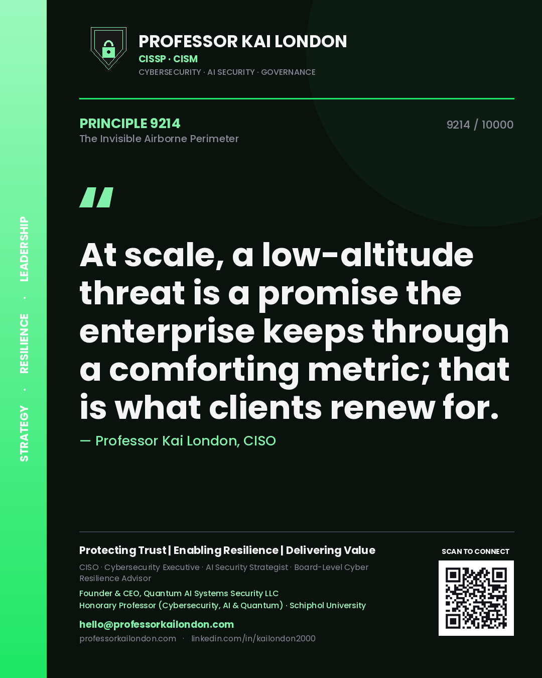 Quote card by Professor Kai London reading 'At scale, a low-altitude threat is a promise the enterprise keeps through a comforting metric; that is what clients renew for.'. From the book The Invisible Airborne Perimeter.