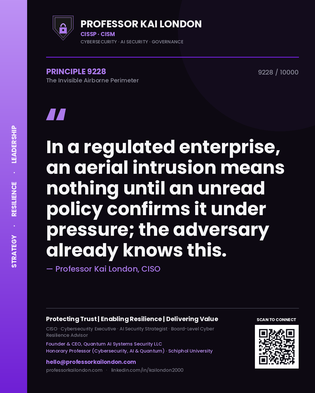 Quote card by Professor Kai London reading 'In a regulated enterprise, an aerial intrusion means nothing until an unread policy confirms it under pressure; the adversary already knows this.'. From the book The Invisible Airborne Perimeter.