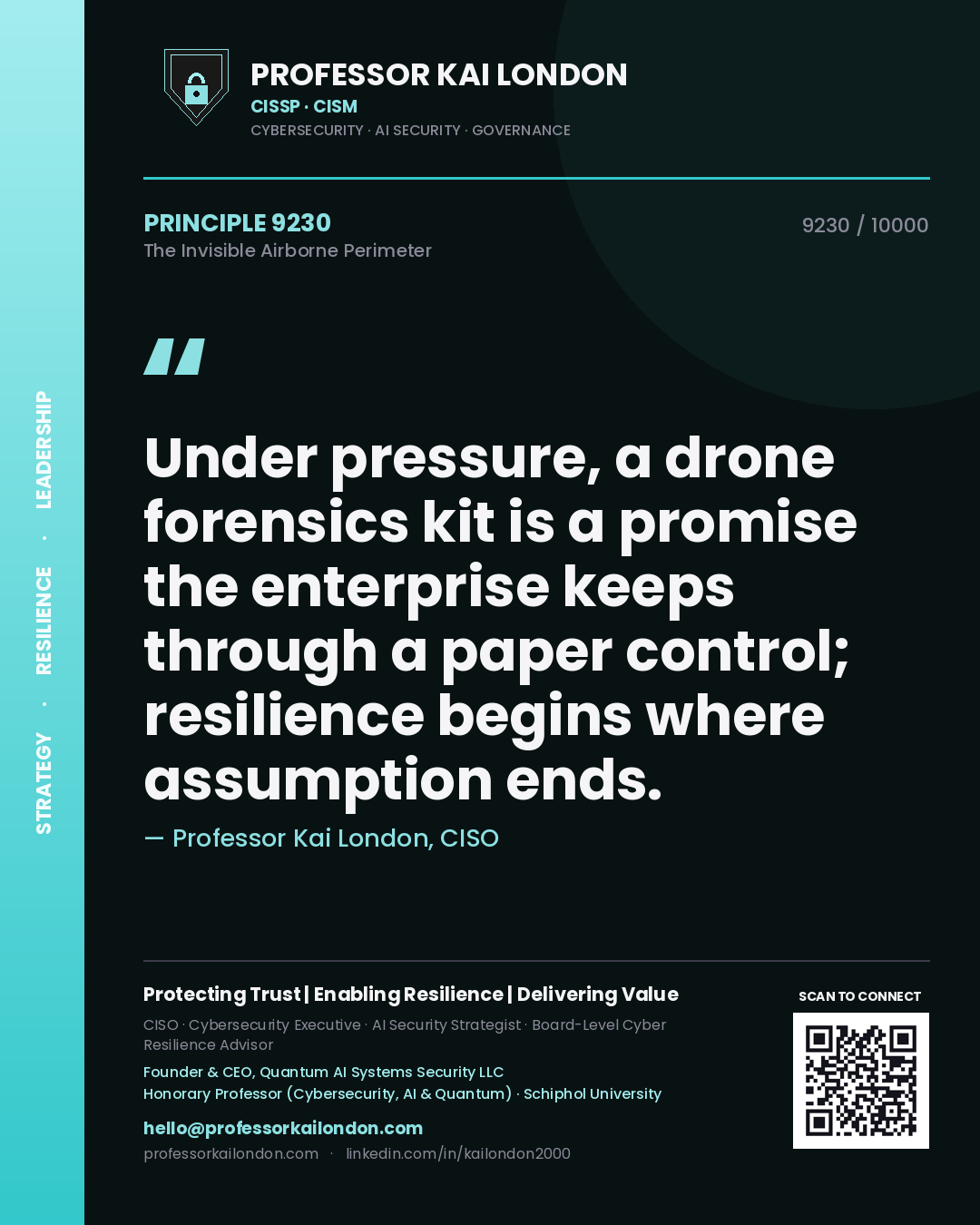 Quote card by Professor Kai London reading 'Under pressure, a drone forensics kit is a promise the enterprise keeps through a paper control; resilience begins where assumption ends.'. From the book The Invisible Airborne Perimeter.