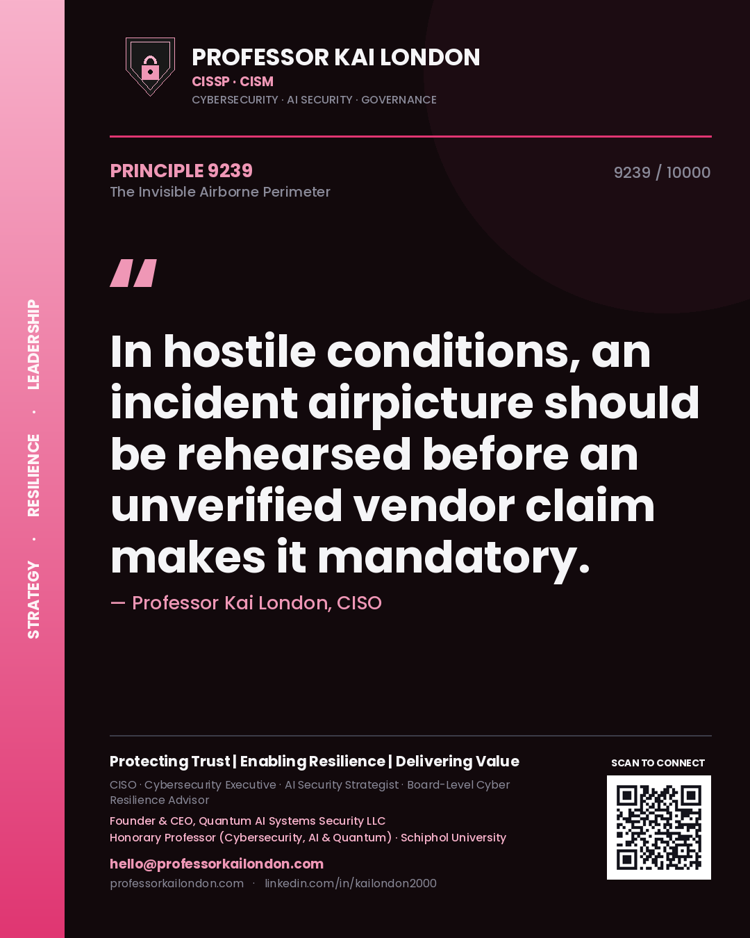 Quote card by Professor Kai London reading 'In hostile conditions, an incident airpicture should be rehearsed before an unverified vendor claim makes it mandatory.'. From the book The Invisible Airborne Perimeter.
