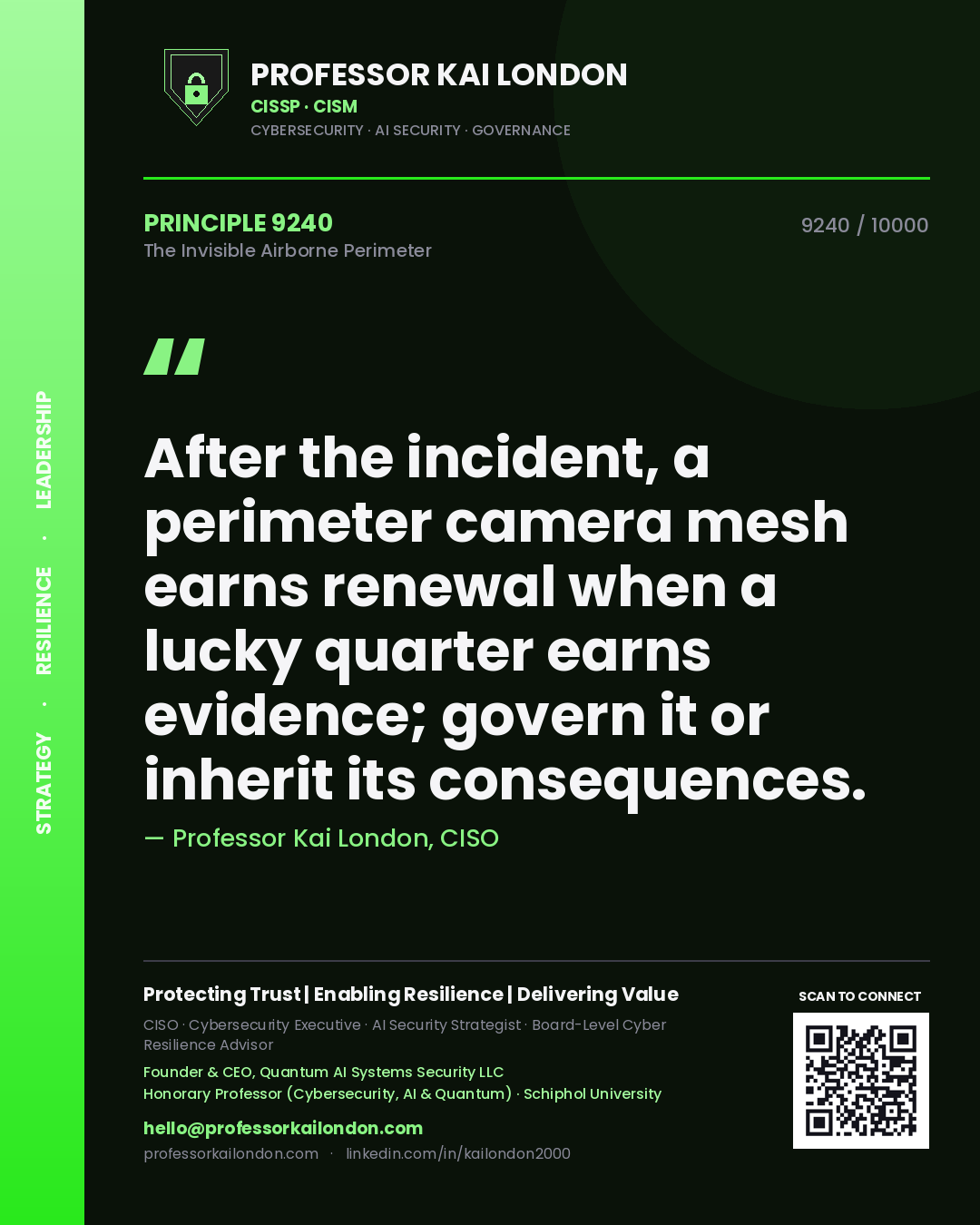 Quote card by Professor Kai London reading 'After the incident, a perimeter camera mesh earns renewal when a lucky quarter earns evidence; govern it or inherit its consequences.'. From the book The Invisible Airborne Perimeter.