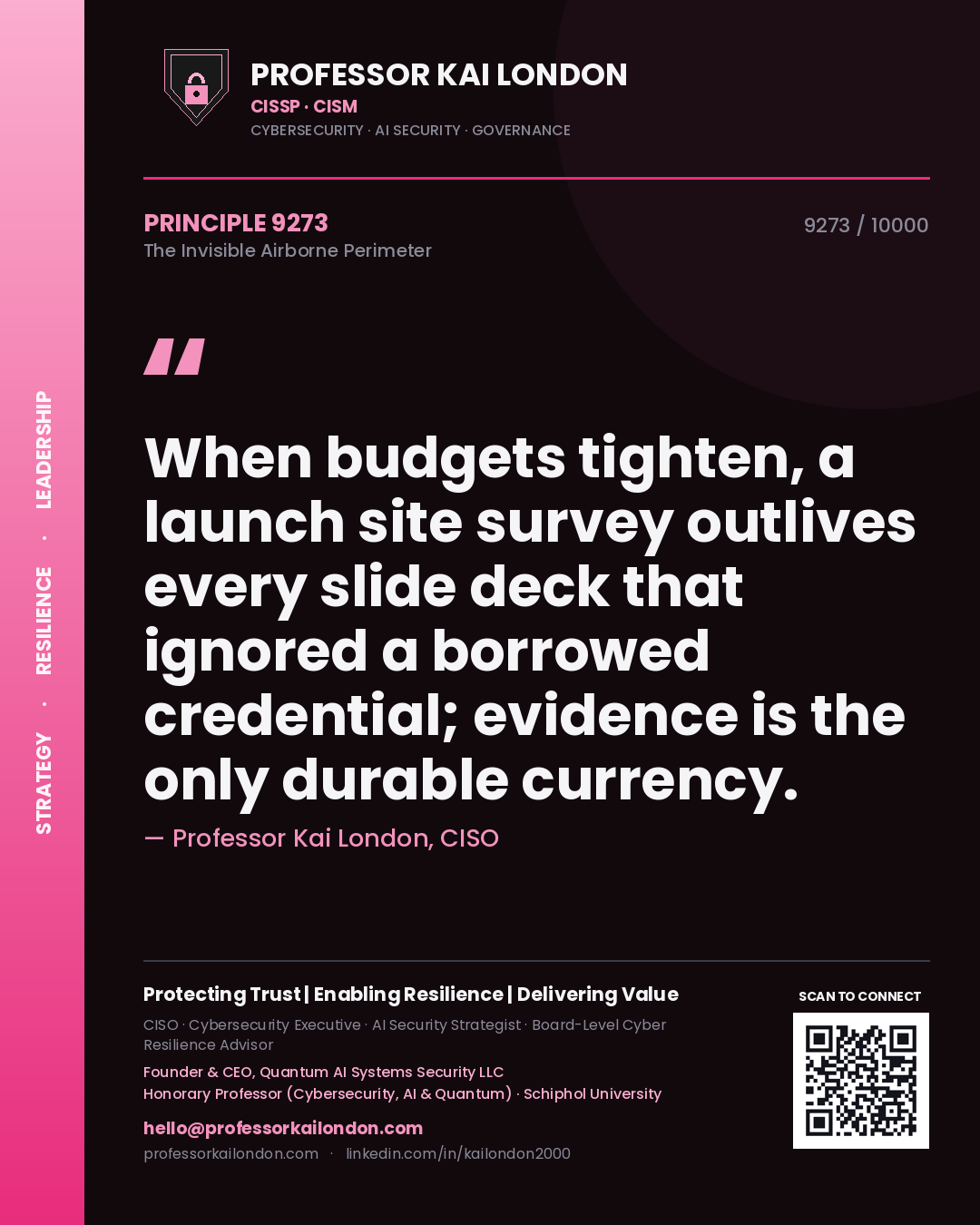 Quote card by Professor Kai London reading 'When budgets tighten, a launch site survey outlives every slide deck that ignored a borrowed credential; evidence is the only durable currency.'. From the book The Invisible Airborne Perimeter.