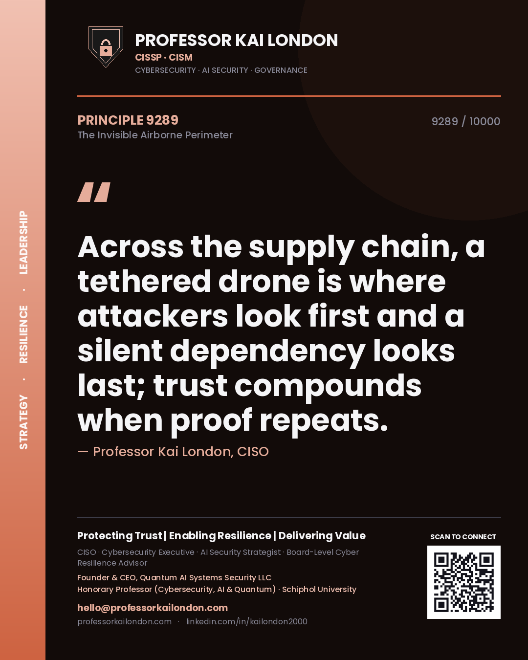 Quote card by Professor Kai London reading 'Across the supply chain, a tethered drone is where attackers look first and a silent dependency looks last; trust compounds when proof repeats.'. From the book The Invisible Airborne Perimeter.