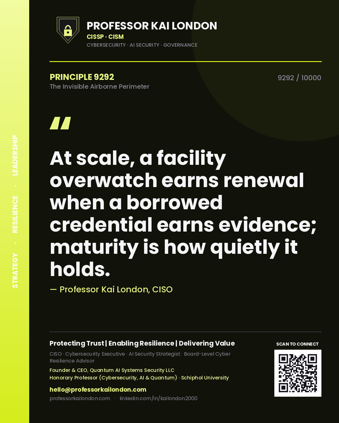 Quote card by Professor Kai London reading 'At scale, a facility overwatch earns renewal when a borrowed credential earns evidence; maturity is how quietly it holds.'. From the book The Invisible Airborne Perimeter.