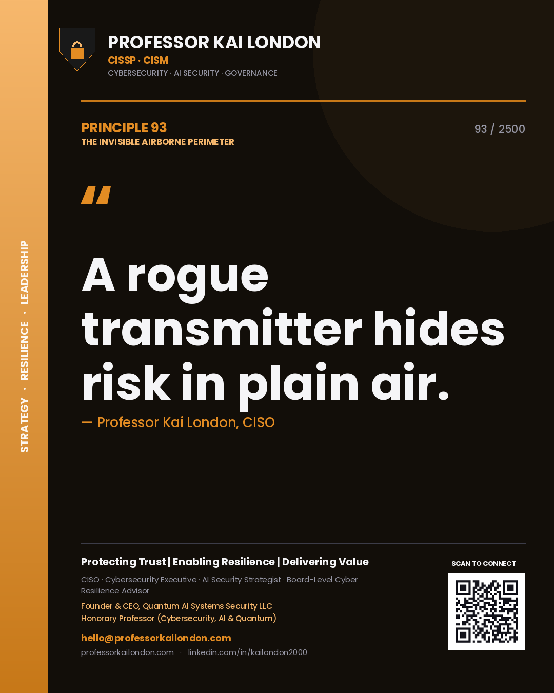 Quote card by Professor Kai London reading 'A rogue transmitter hides risk in plain air.'. From the book The Invisible Airborne Perimeter.