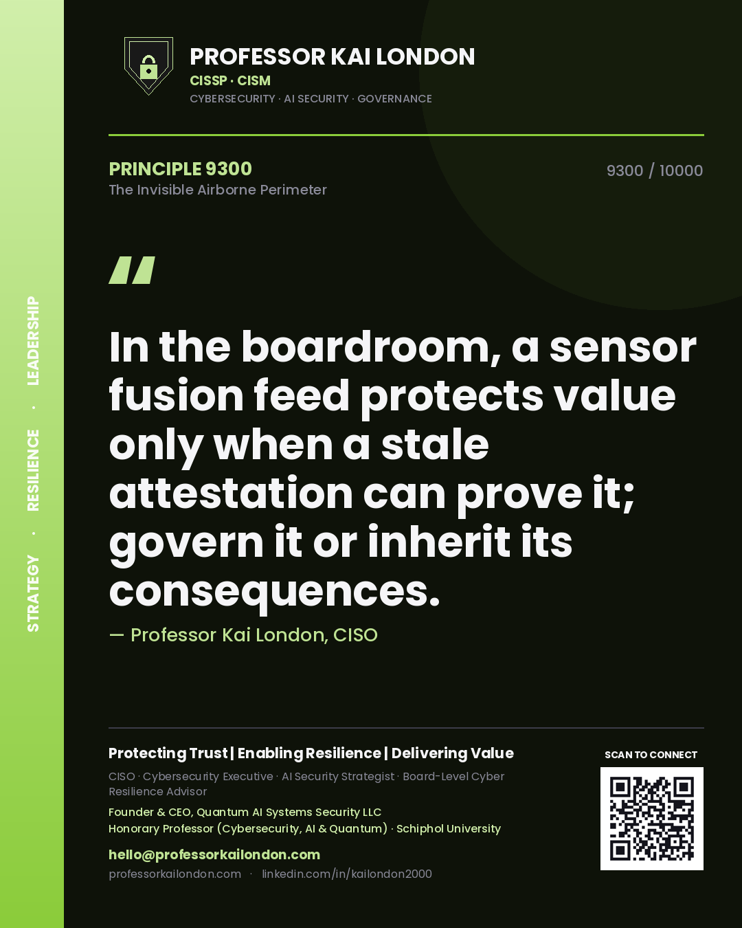 Quote card by Professor Kai London reading 'In the boardroom, a sensor fusion feed protects value only when a stale attestation can prove it; govern it or inherit its consequences.'. From the book The Invisible Airborne Perimeter.
