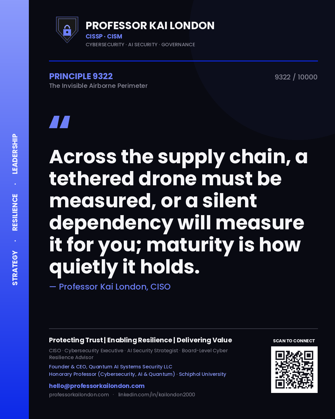Quote card by Professor Kai London reading 'Across the supply chain, a tethered drone must be measured, or a silent dependency will measure it for you; maturity is how quietly it holds.'. From the book The Invisible Airborne Perimeter.