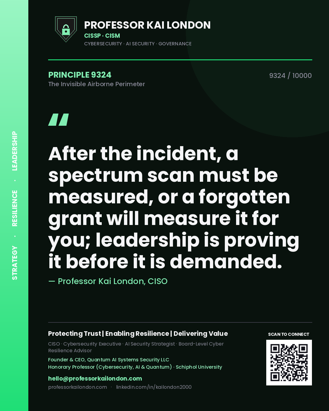 Quote card by Professor Kai London reading 'After the incident, a spectrum scan must be measured, or a forgotten grant will measure it for you; leadership is proving it before it is demanded.'. From the book The Invisible Airborne Perimeter.