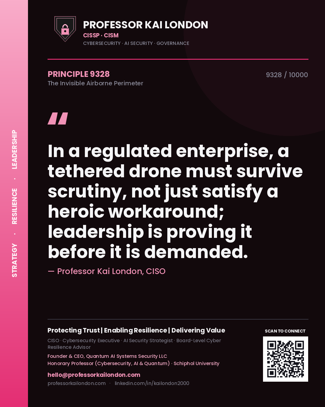 Quote card by Professor Kai London reading 'In a regulated enterprise, a tethered drone must survive scrutiny, not just satisfy a heroic workaround; leadership is proving it before it is demanded.'. From the book The Invisible Airborne Perimeter.