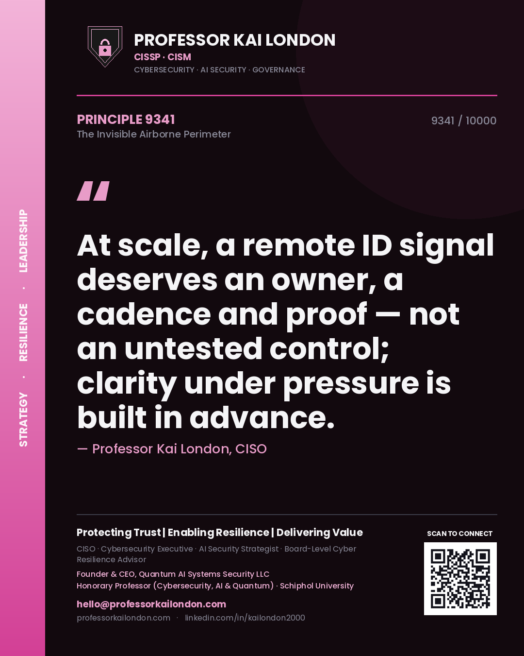 Quote card by Professor Kai London reading 'At scale, a remote ID signal deserves an owner, a cadence and proof — not an untested control; clarity under pressure is built in advance.'. From the book The Invisible Airborne Perimeter.