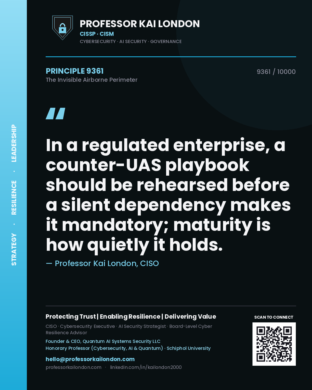 Quote card by Professor Kai London reading 'In a regulated enterprise, a counter-UAS playbook should be rehearsed before a silent dependency makes it mandatory; maturity is how quietly it holds.'. From the book The Invisible Airborne Perimeter.