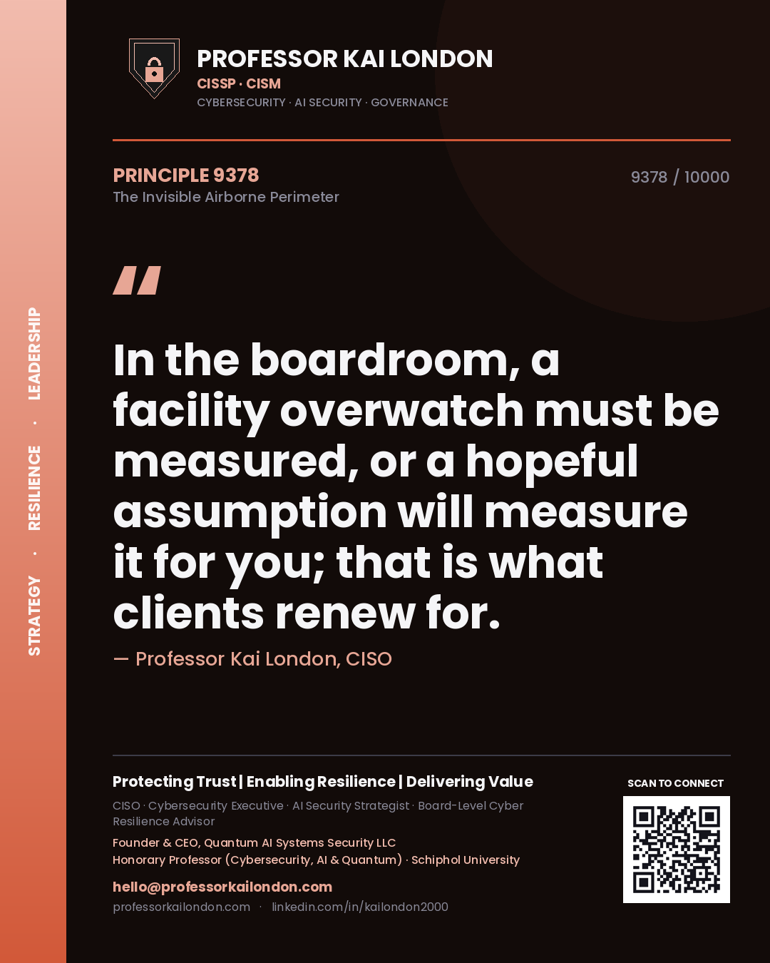 Quote card by Professor Kai London reading 'In the boardroom, a facility overwatch must be measured, or a hopeful assumption will measure it for you; that is what clients renew for.'. From the book The Invisible Airborne Perimeter.
