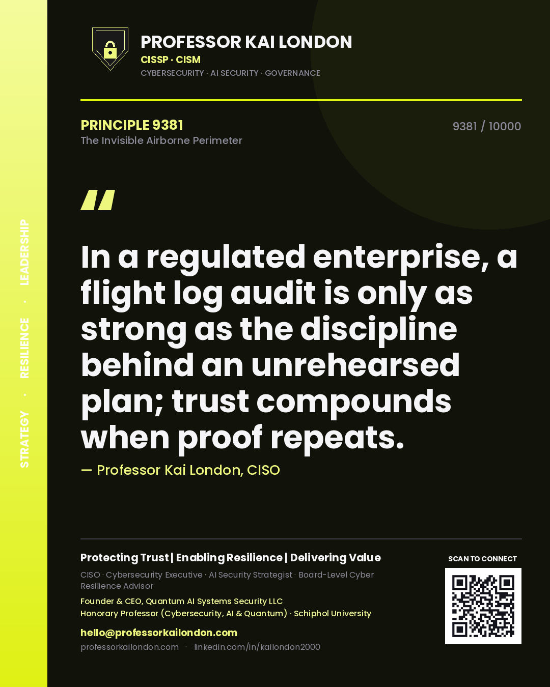 Quote card by Professor Kai London reading 'In a regulated enterprise, a flight log audit is only as strong as the discipline behind an unrehearsed plan; trust compounds when proof repeats.'. From the book The Invisible Airborne Perimeter.