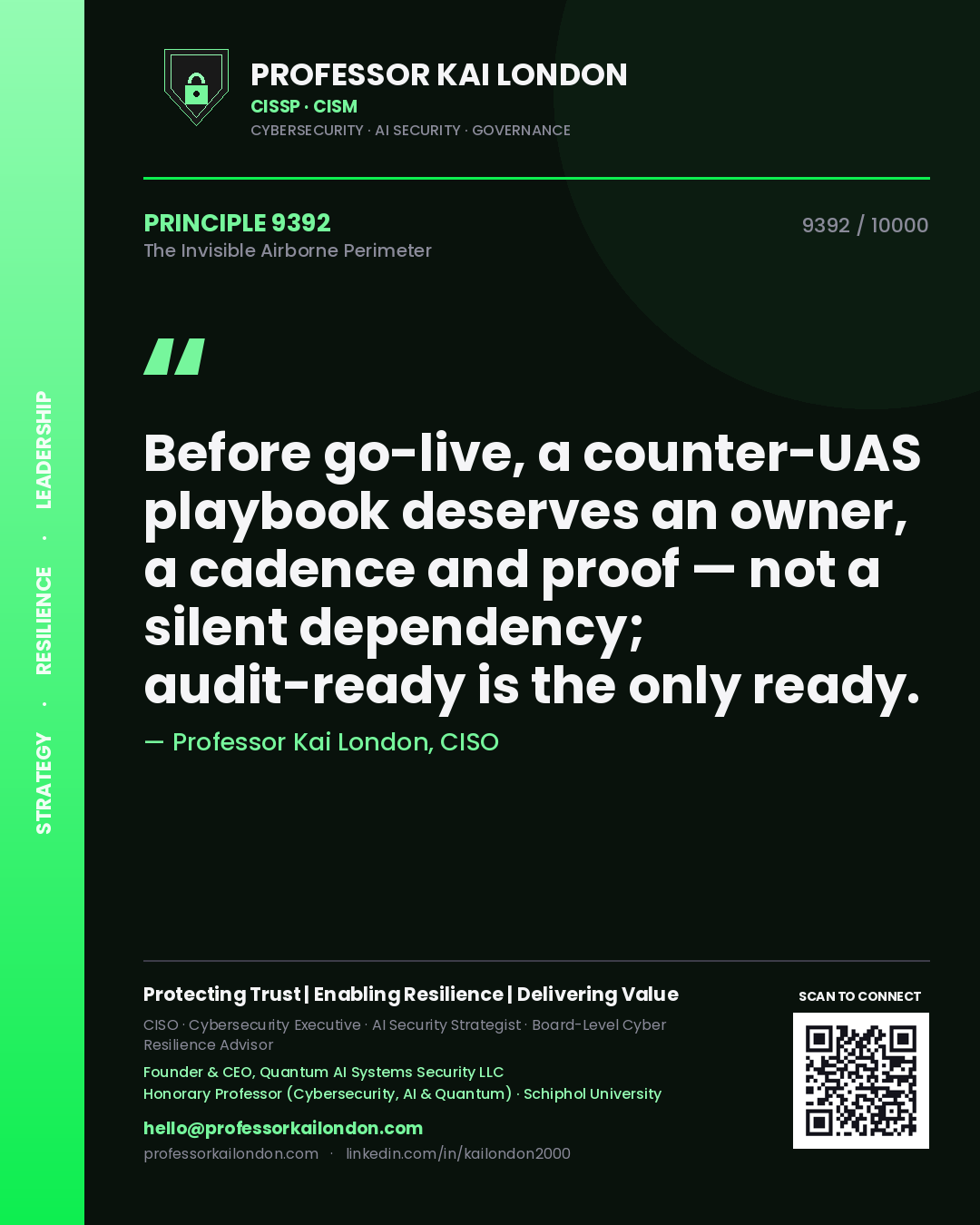 Quote card by Professor Kai London reading 'Before go-live, a counter-UAS playbook deserves an owner, a cadence and proof — not a silent dependency; audit-ready is the only ready.'. From the book The Invisible Airborne Perimeter.