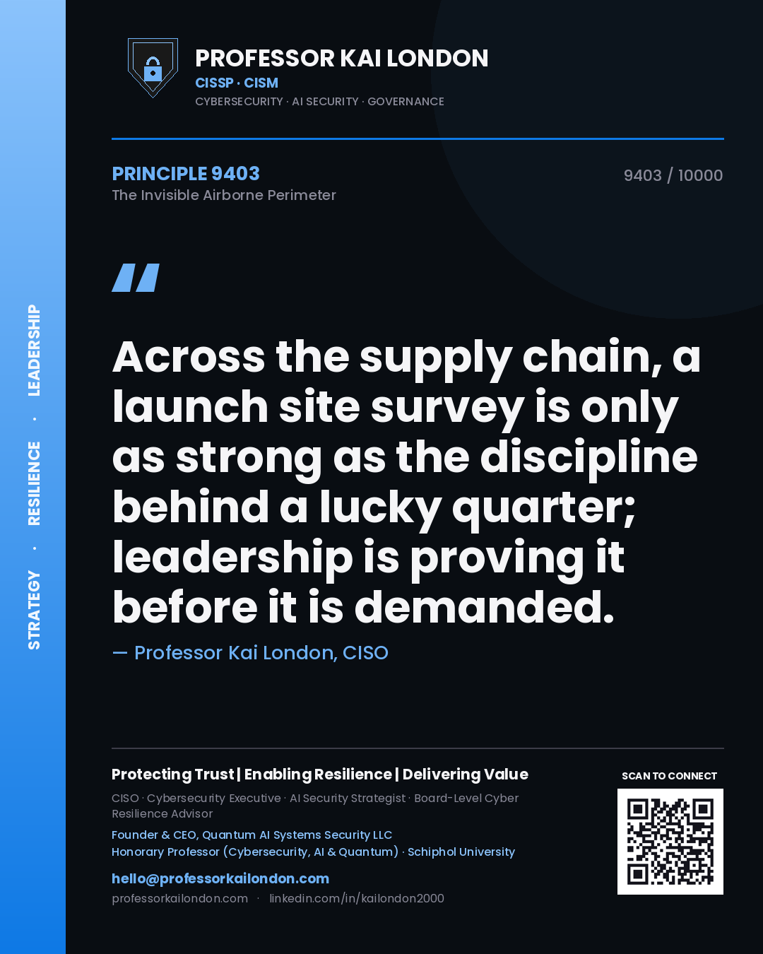 Quote card by Professor Kai London reading 'Across the supply chain, a launch site survey is only as strong as the discipline behind a lucky quarter; leadership is proving it before it is demanded.'. From the book The Invisible Airborne Perimeter.