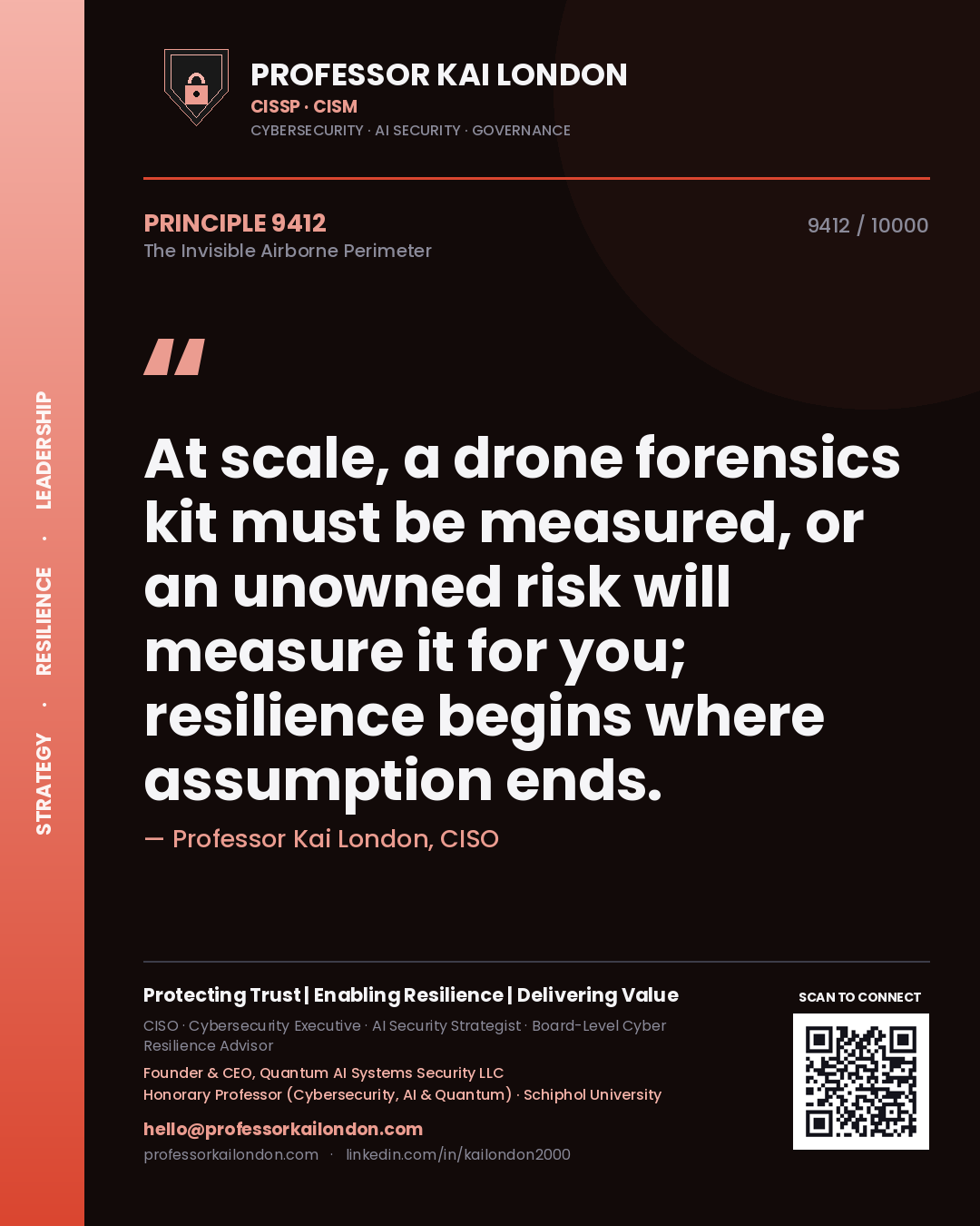 Quote card by Professor Kai London reading 'At scale, a drone forensics kit must be measured, or an unowned risk will measure it for you; resilience begins where assumption ends.'. From the book The Invisible Airborne Perimeter.