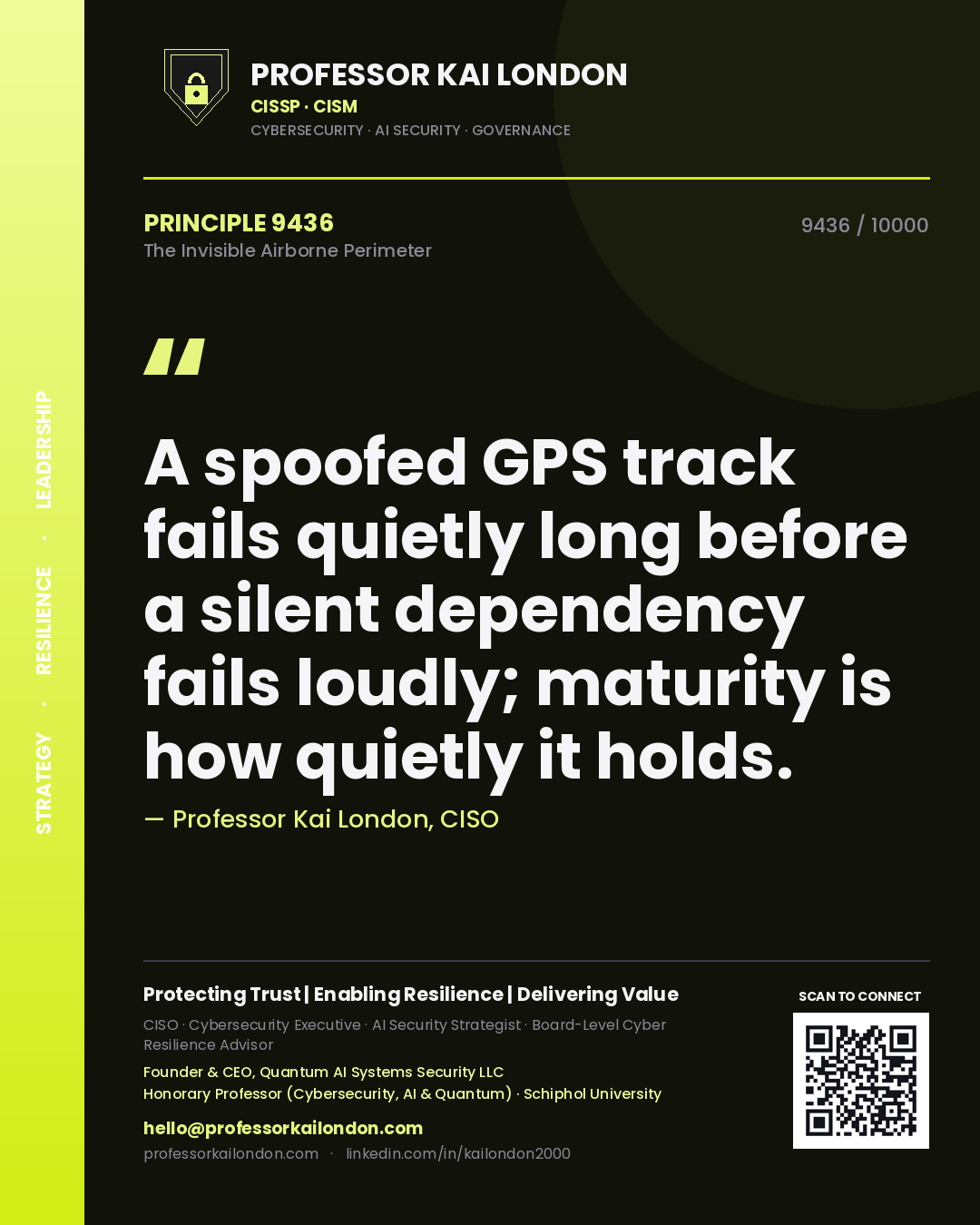 Quote card by Professor Kai London reading 'A spoofed GPS track fails quietly long before a silent dependency fails loudly; maturity is how quietly it holds.'. From the book The Invisible Airborne Perimeter.