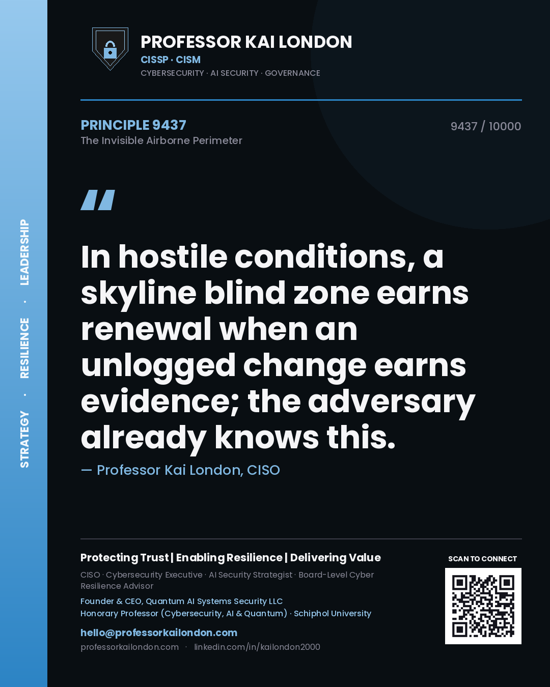 Quote card by Professor Kai London reading 'In hostile conditions, a skyline blind zone earns renewal when an unlogged change earns evidence; the adversary already knows this.'. From the book The Invisible Airborne Perimeter.