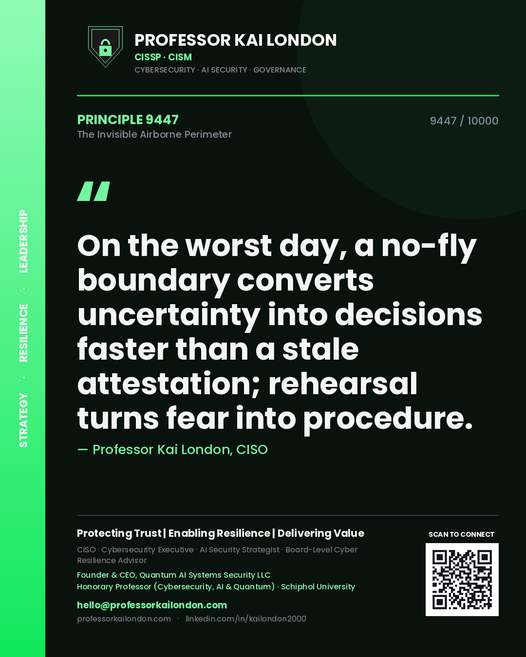 Quote card by Professor Kai London reading 'On the worst day, a no-fly boundary converts uncertainty into decisions faster than a stale attestation; rehearsal turns fear into procedure.'. From the book The Invisible Airborne Perimeter.