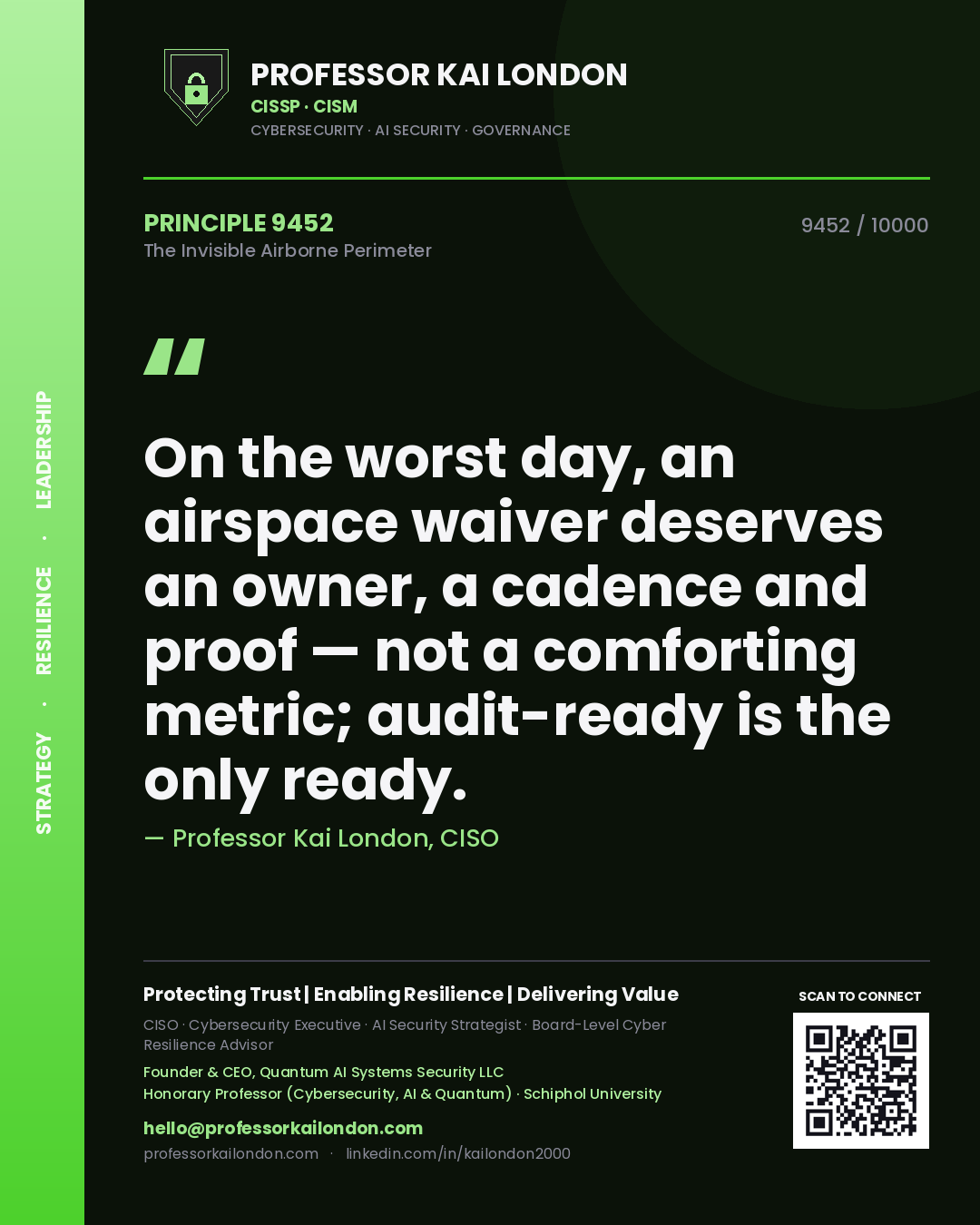 Quote card by Professor Kai London reading 'On the worst day, an airspace waiver deserves an owner, a cadence and proof — not a comforting metric; audit-ready is the only ready.'. From the book The Invisible Airborne Perimeter.